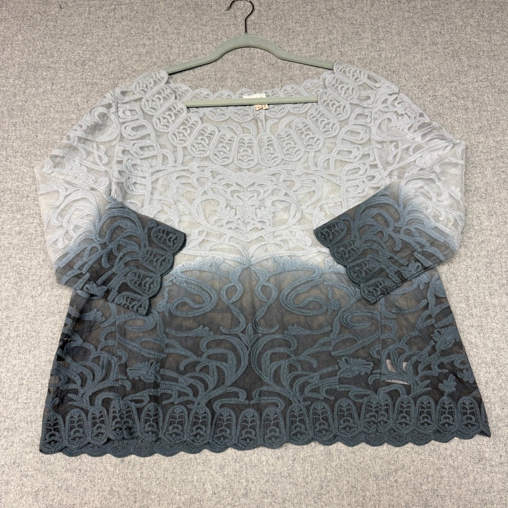 Meadow Rue Anthropologie Lace Top XL Blue Ombre Sheer Mesh Scalloped 3/4 Sleeve